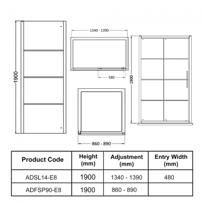Hudson Reed Apex Black Sliding Door Rectangular Shower Enclosure 1400mm x 900mm  | Dimension Image