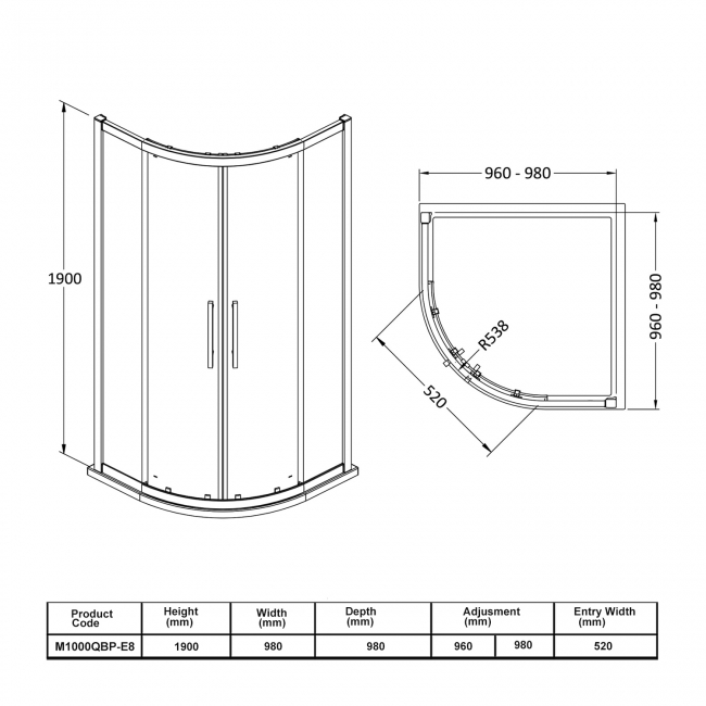 Hudson Reed Apex Black Quadrant Shower Enclosure 1000mm x 1000mm - 8mm Glass  | Dimension Image