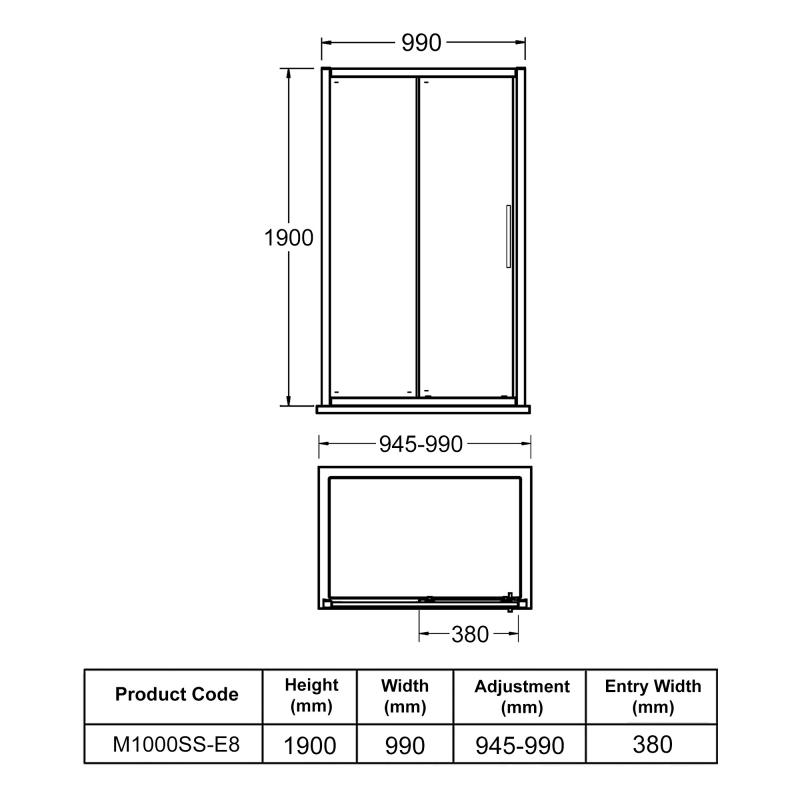 Hudson Reed Apex Sliding Shower Door 1000mm Wide - 8mm Glass