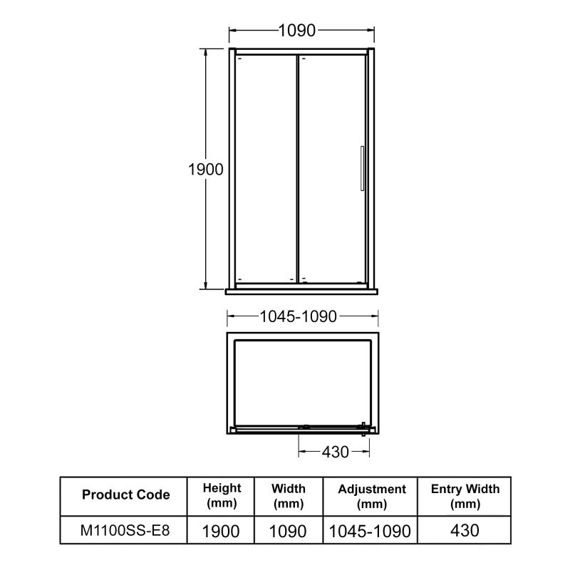 Hudson Reed Apex Sliding Shower Door 1100mm Wide - 8mm Glass