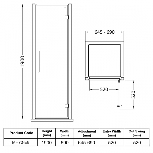 Hudson Reed Apex Hinged Shower Door 700mm Wide - 8mm Glass