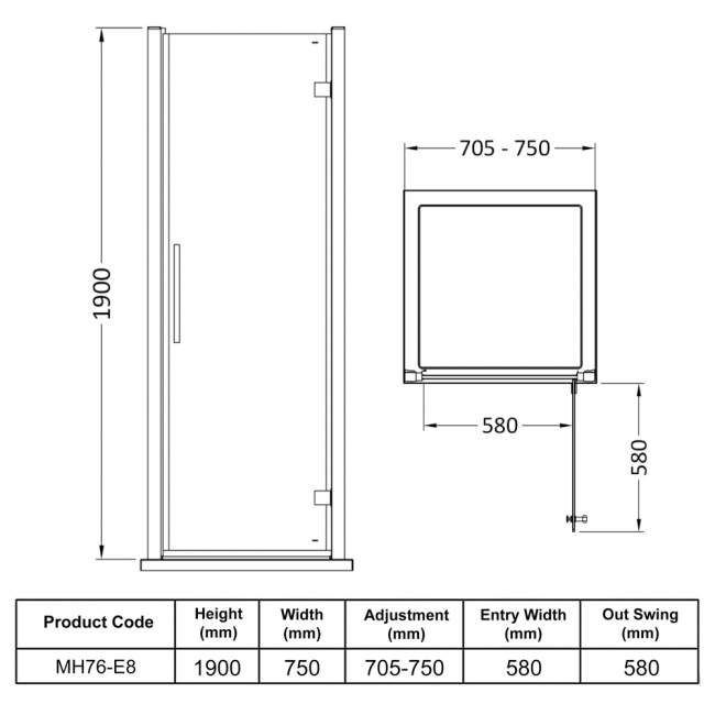 Hudson Reed Apex Hinged Shower Door 760mm Wide - 8mm Glass  | Dimension Image