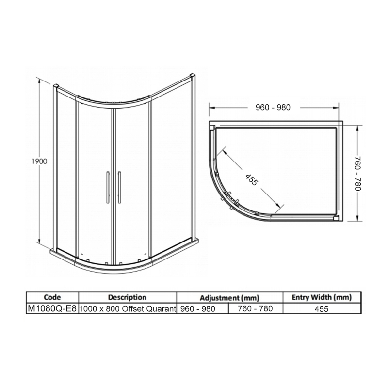 Hudson Reed Apex Offset Quadrant Shower Enclosure 1000mm x 800mm - 8mm Glass