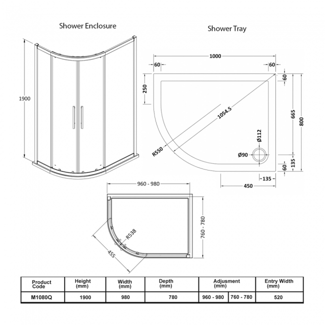 Hudson Reed Apex Offset Quadrant Shower Enclosure with Tray 1000mm x 800mm LH - 8mm Glass