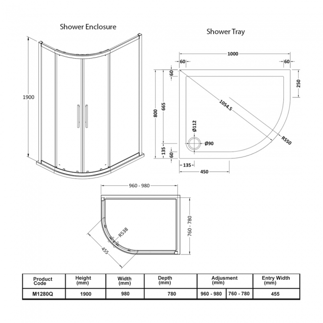 Hudson Reed Apex Offset Quadrant Shower Enclosure with Tray 1000mm x 800mm RH - 8mm Glass