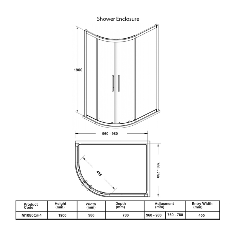 Hudson Reed Apex2 Offset Quadrant Shower Enclosure 1000mm x 800mm - 8mm Glass