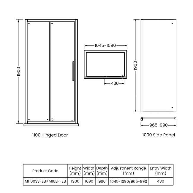 Hudson Reed Apex Sliding Door Rectangular Shower Enclosure 1100mm x 1000mm - 8mm Glass  | Dimension Image