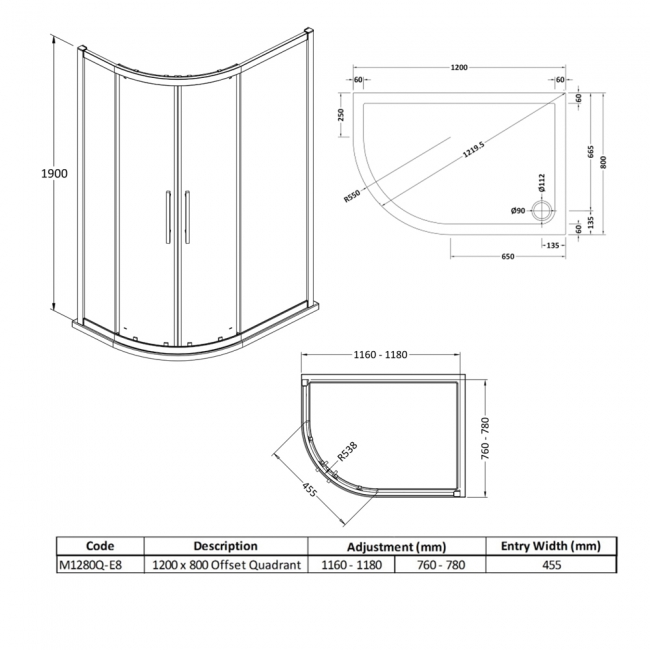 Hudson Reed Apex Offset Quadrant Shower Enclosure with Tray 1200mm x 800mm LH - 8mm Glass