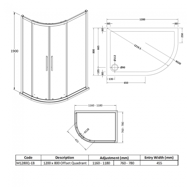 Hudson Reed Apex Offset Quadrant Shower Enclosure with Tray 1200mm x 800mm RH - 8mm Glass