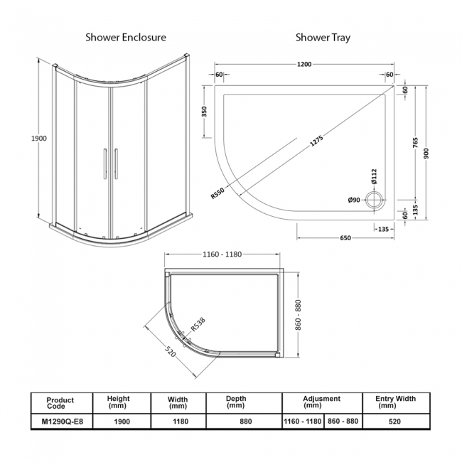 Hudson Reed Apex Offset Quadrant Shower Enclosure with Tray 1200mm x 900mm LH - 8mm Glass