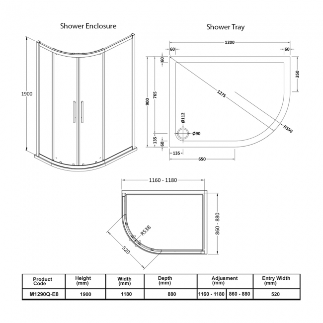 Hudson Reed Apex Offset Quadrant Shower Enclosure with Tray 1200mm x 900mm RH - 8mm Glass