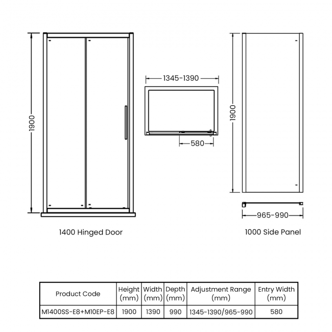 Hudson Reed Apex Sliding Door Rectangular Shower Enclosure 1400mm x 1000mm - 8mm Glass  | Dimension Image