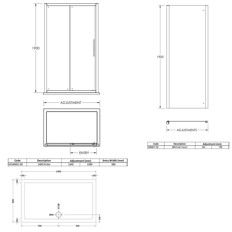 Hudson Reed Apex Sliding Shower Enclosure 1400mm x 800mm with Tray - 8mm Glass