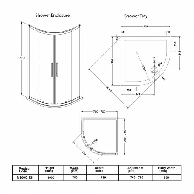 Hudson Reed Apex Quadrant Shower Enclosure with Tray 800mm x 800mm - 8mm Glass