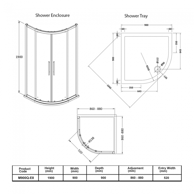 Hudson Reed Apex Quadrant Shower Enclosure with Tray 900mm x 900mm - 8mm Glass