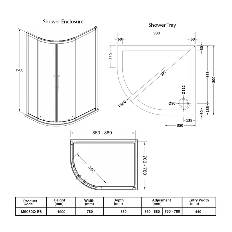 Hudson Reed Apex Offset Quadrant Shower Enclosure with Tray 900mm x 800mm LH - 8mm Glass