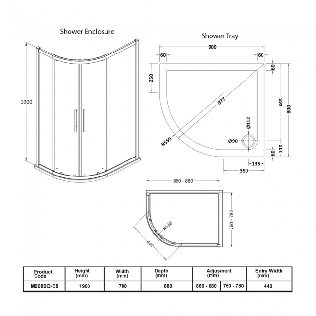 Hudson Reed Apex Offset Quadrant Shower Enclosure with Tray 900mm x 800mm LH - 8mm Glass