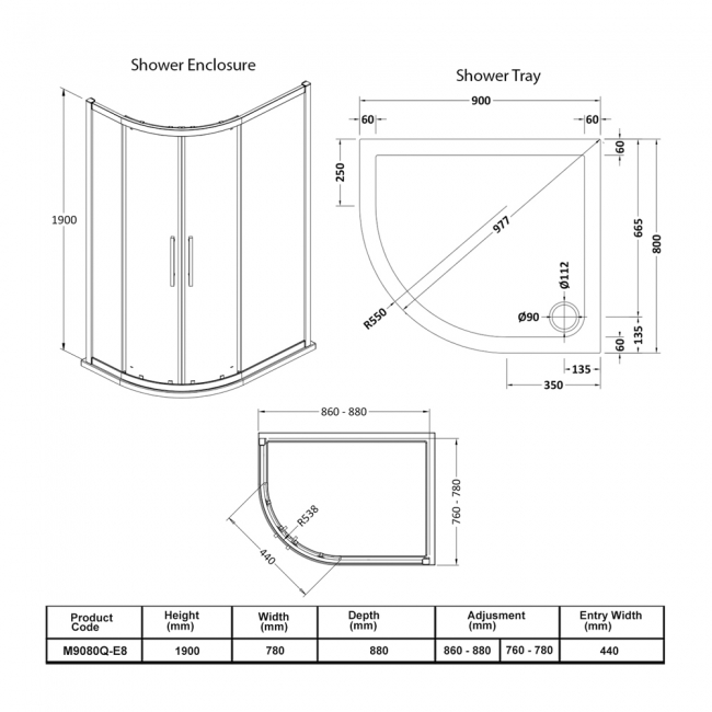 Hudson Reed Apex Offset Quadrant Shower Enclosure with Tray 900mm x 800mm RH - 8mm Glass
