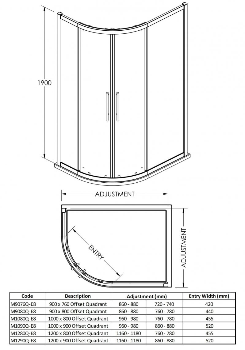 Hudson Reed Apex2 Offset Quadrant Shower Enclosure 1200mm x 800mm - 8mm Glass