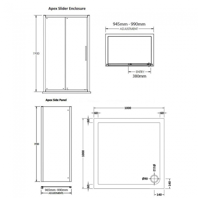 Hudson Reed Apex Sliding Shower Enclosure 1000mm x 1000mm with Tray - 8mm Glass
