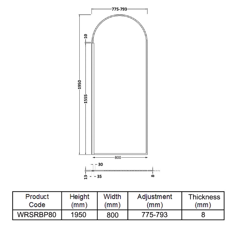Hudson Reed Arched Wet Room Screen 800mm Wide - 8mm Glass