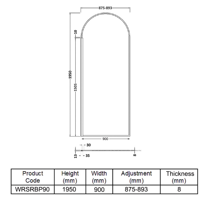 Hudson Reed Arched Wet Room Screen 900mm Wide - 8mm Glass