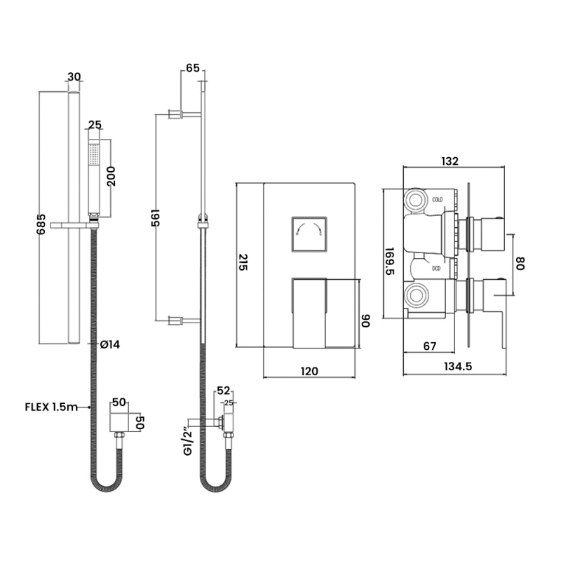 Hudson Reed Art Twin Thermostatic Concealed Shower Valve with Slider Rail Kit - Chrome