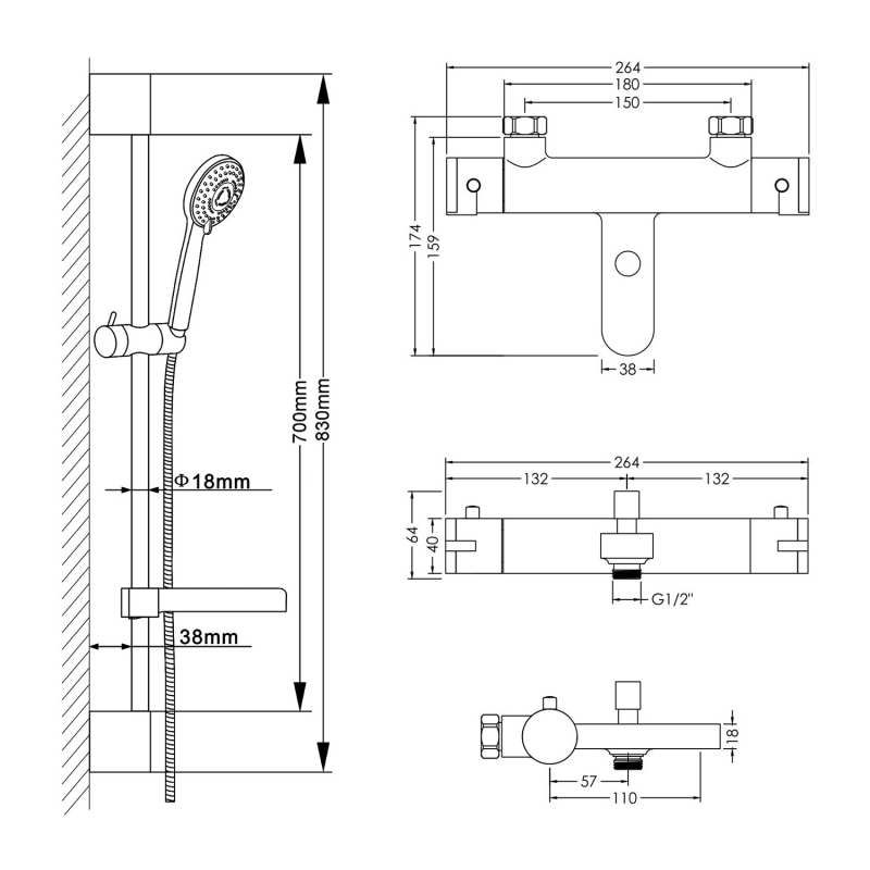 Hudson Reed Arvan Thermostatic Bath Shower Mixer with Slimline Slider Rail Kit - Chrome