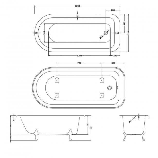Hudson Reed Barnsbury Freestanding Bath 1700mm x 750mm Pride Leg Set