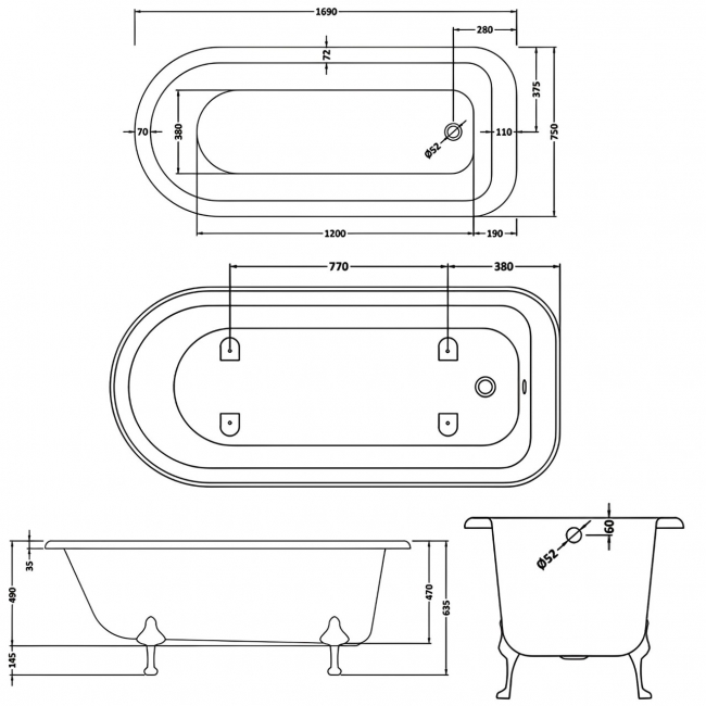 Hudson Reed Barnsbury Freestanding Bath 1690mm x 750mm - Corbel Leg Set