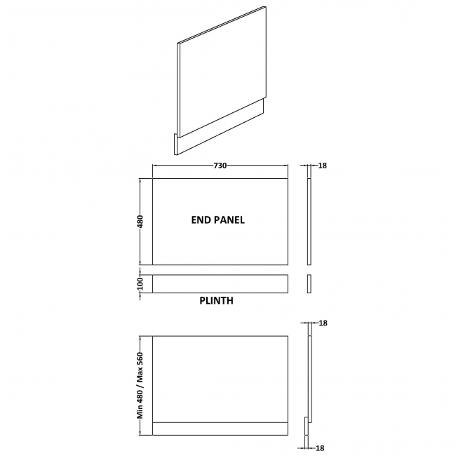 Hudson Reed Bath End Panel 560mm H x 750mm W - Antique Oak