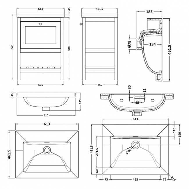 Hudson Reed Bexley Floor Standing Vanity Unit with 0TH Contemporary Basin 600mm Wide - Pure White  | Dimension Image