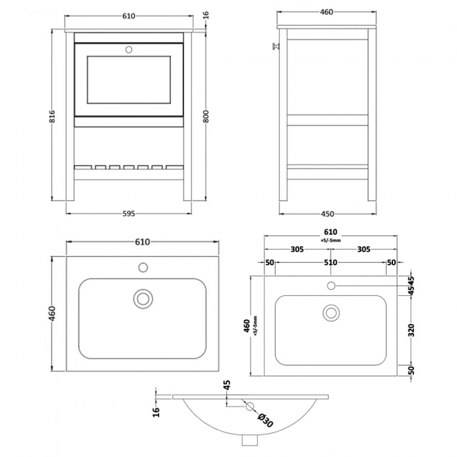 Hudson Reed Bexley Floor Standing Vanity Unit with 1TH Stone Textured Basin 600mm Wide - Fern Green  | Dimension Image