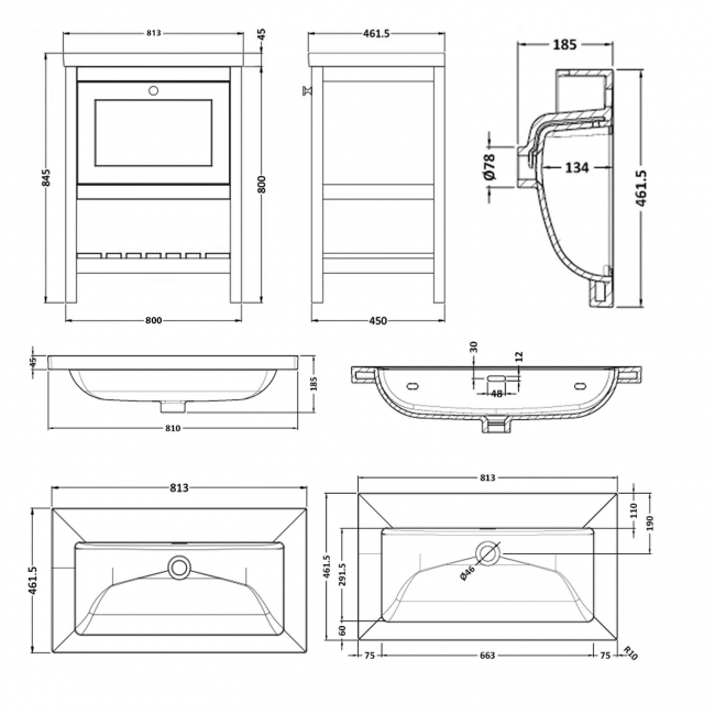 Hudson Reed Bexley Floor Standing Vanity Unit with 0TH Contemporary Basin 800mm Wide - Fern Green  | Dimension Image