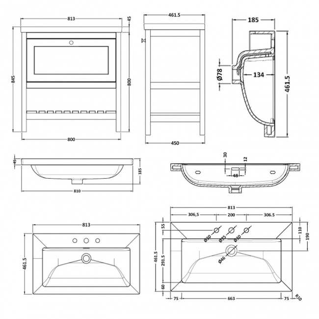 Hudson Reed Bexley Floor Standing Vanity Unit with 3TH Contemporary Basin 800mm Wide - Indigo Blue  | Dimension Image