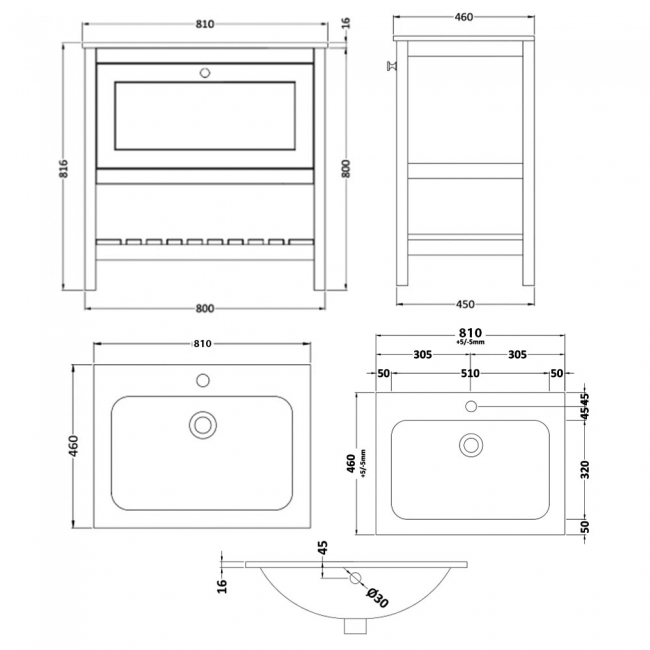 Hudson Reed Bexley Floor Standing Vanity Unit with 1TH Stone Basin 800mm Wide - Fern Green  | Dimension Image