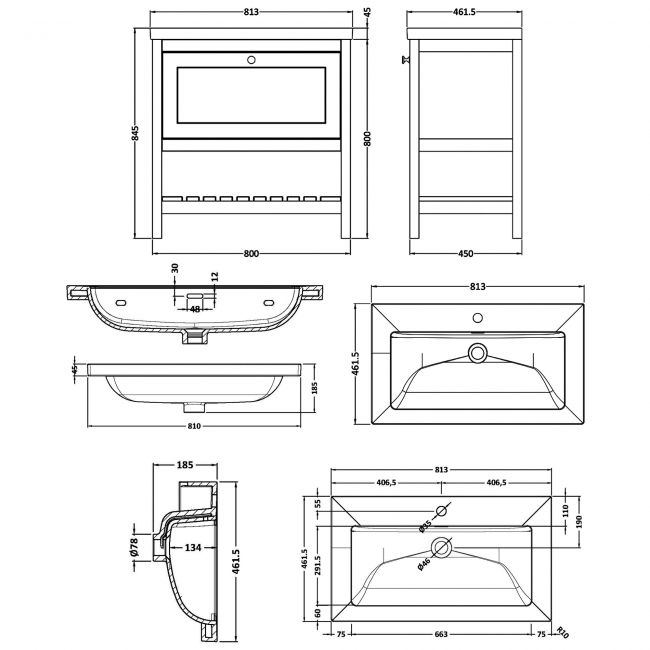 Hudson Reed Bexley Floor Standing Vanity Unit with 1TH Contemporary Basin 800mm Wide - Fern Green  | Dimension Image