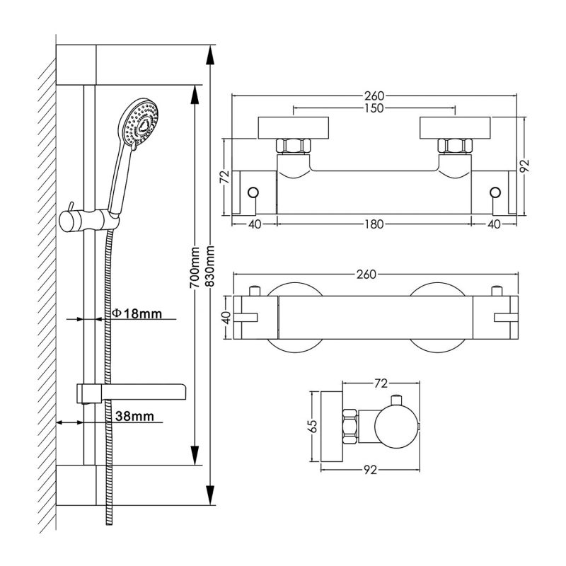 Hudson Reed Binsey Thermostatic Bar Shower Valve with Slimline Slider Rail Kit - Chrome