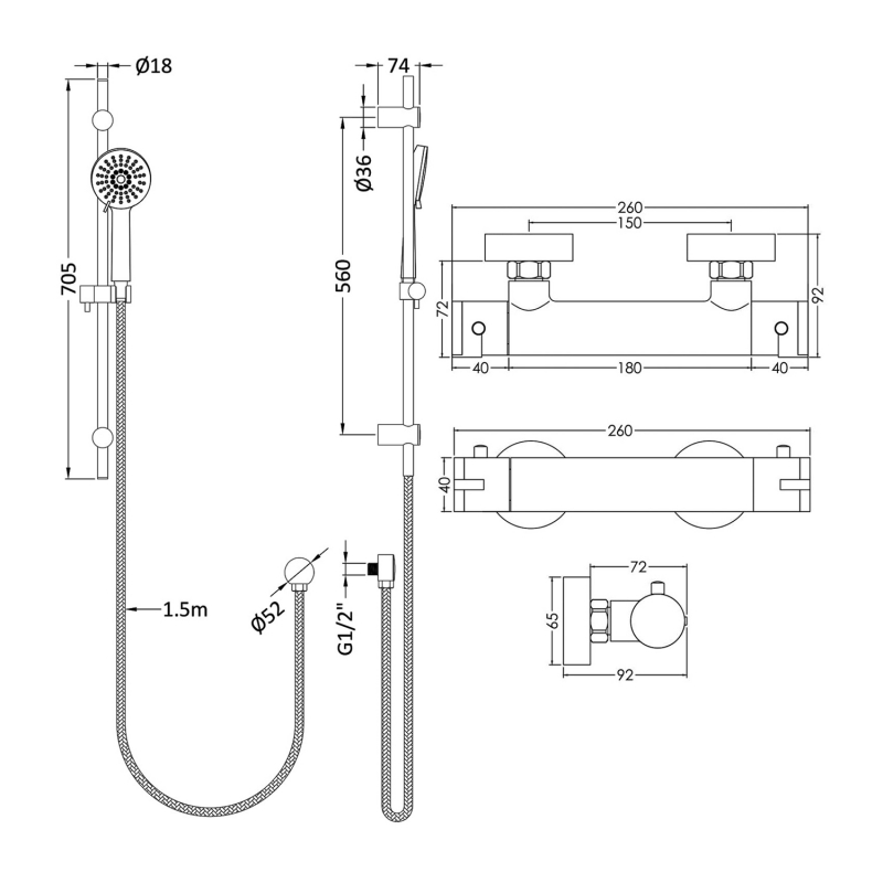 Hudson Reed Binsey Thermostatic Bar Shower Valve with Water Saving Slider Rail Kit - Chrome