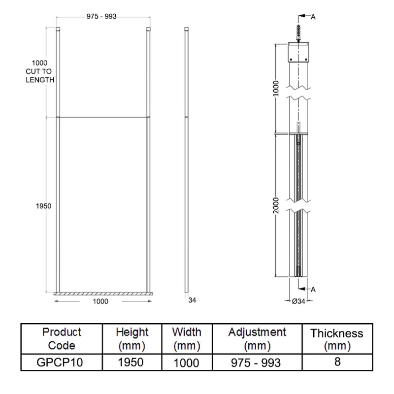 Hudson Reed Wetroom Screen 1000mm Wide with Ceiling Post - 8mm Glass
