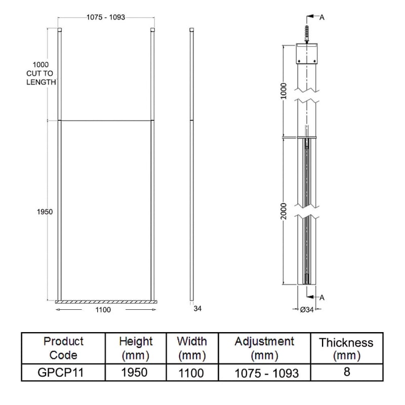Hudson Reed Wet Room Screen with Chrome Ceiling Post 1100mm Wide - 8mm Glass