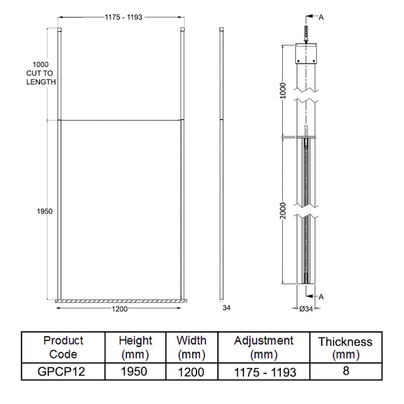 Hudson Reed Wetroom Screen 1200mm Wide with Ceiling Post - 8mm Glass