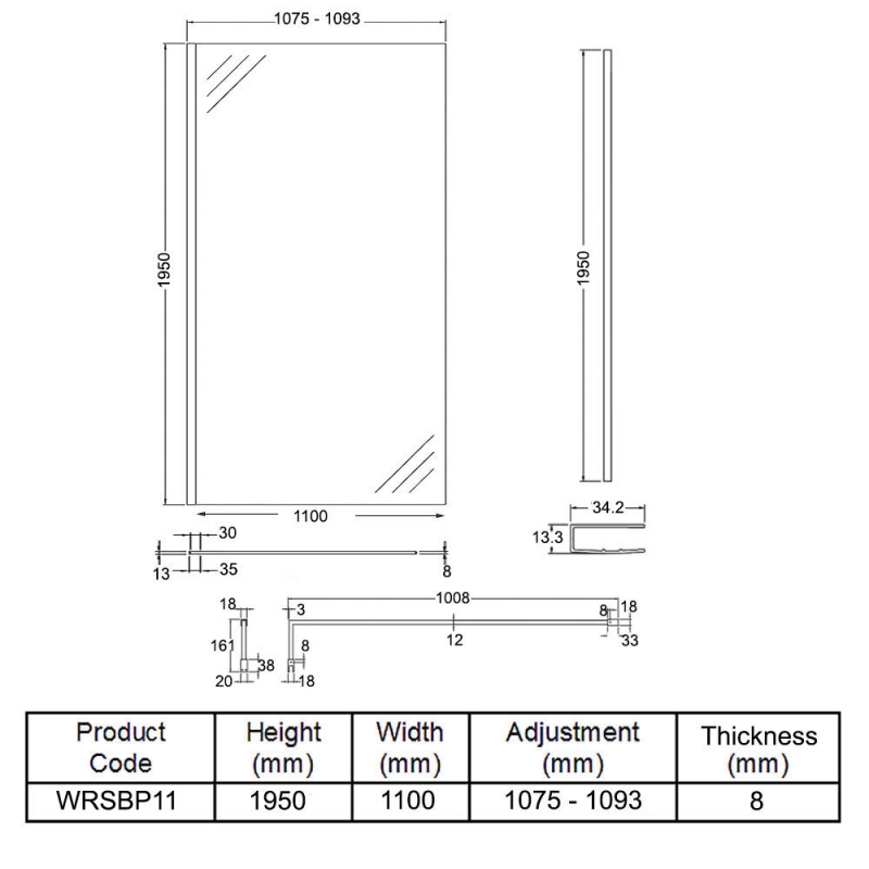 Hudson Reed Wet Room Screen with Black Support Bar 1100mm Wide - 8mm Glass