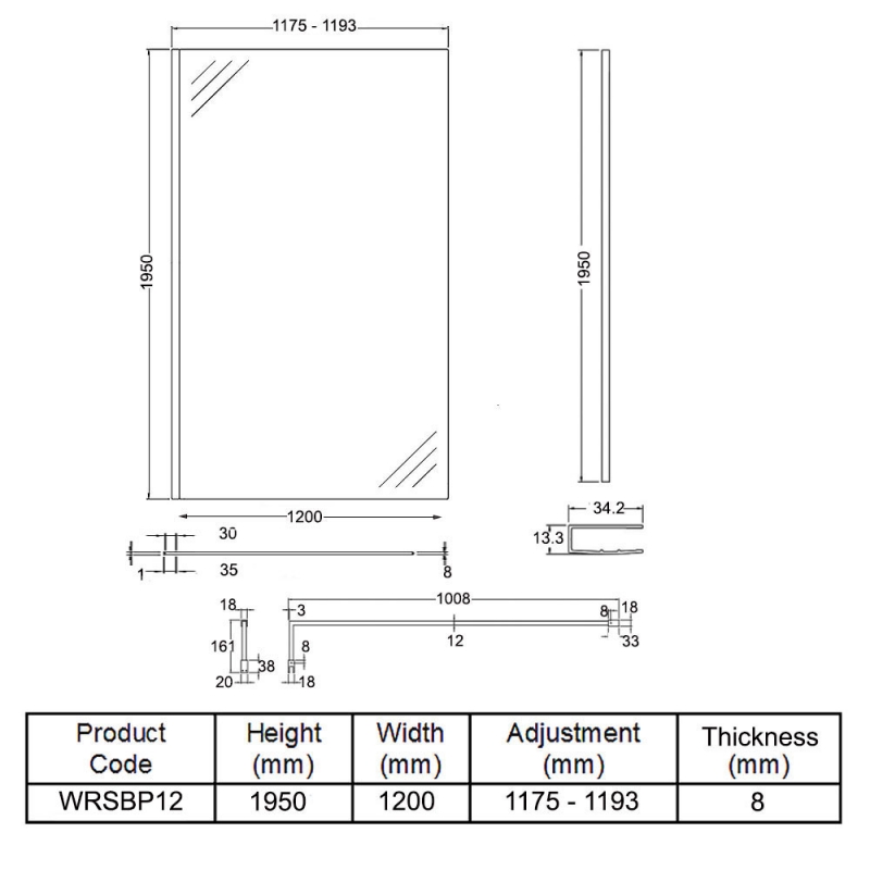 Hudson Reed Wet Room Screen with Black Support Bar 1200mm Wide - 8mm Glass