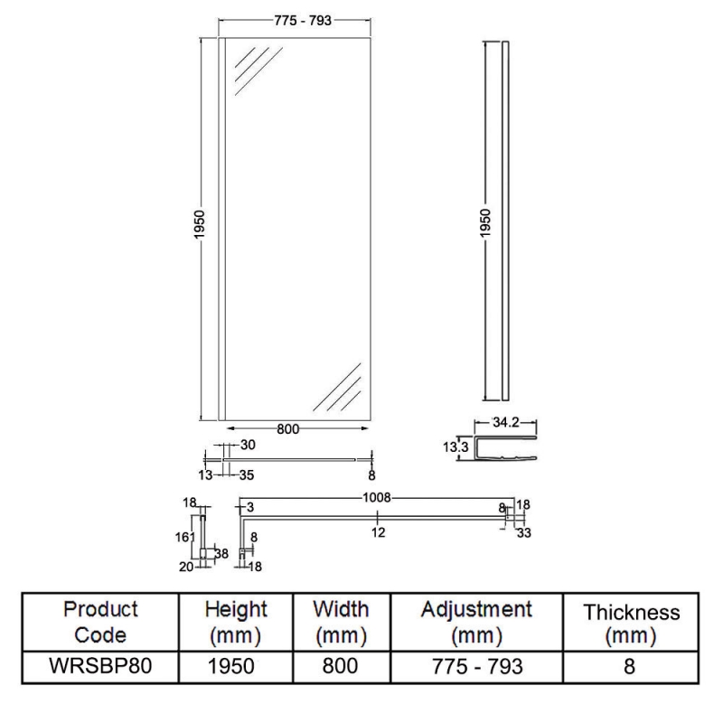 Hudson Reed Wet Room Screen with Black Support Bar 800mm Wide - 8mm Glass