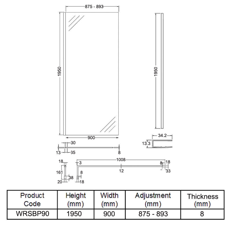 Hudson Reed Wet Room Screen with Black Support Bar 900mm Wide - 8mm Glass