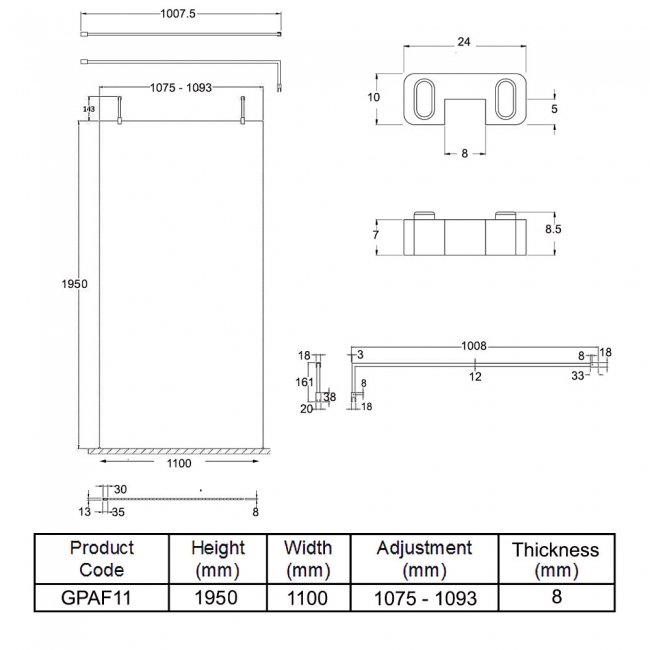 Hudson Reed Wet Room Screen with Chrome Support Arms and Feet 1100mm Wide - 8mm Glass