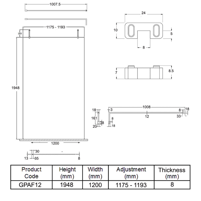 Hudson Reed Wetroom Screen 1200mm Wide with Arms and Feet - 8mm Glass