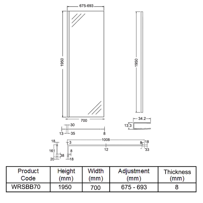 Hudson Reed Wet Room Screen with Brass Support Bar 700mm Wide - 8mm Glass