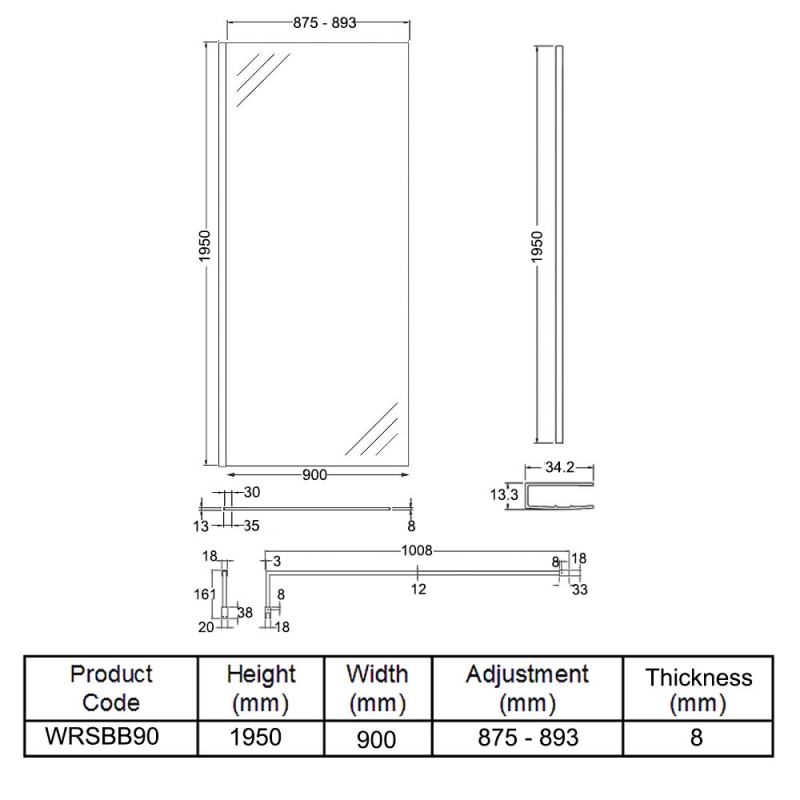 Hudson Reed Wet Room Screen with Brass Support Bar 900mm Wide - 8mm Glass